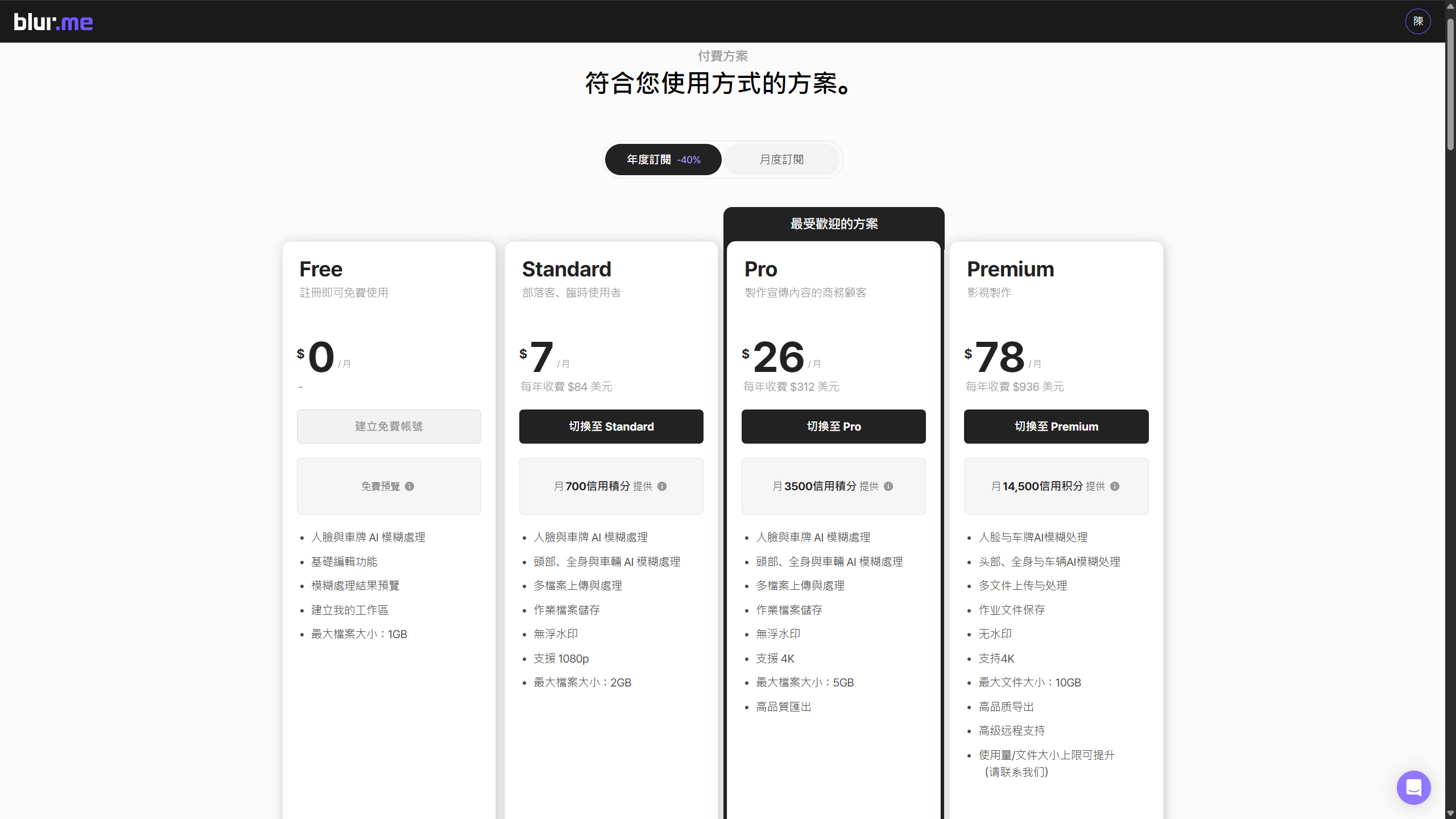 各種付費方案,Standard應該是最適合一般用戶的,一個月可處理700張照片與11分鐘影片