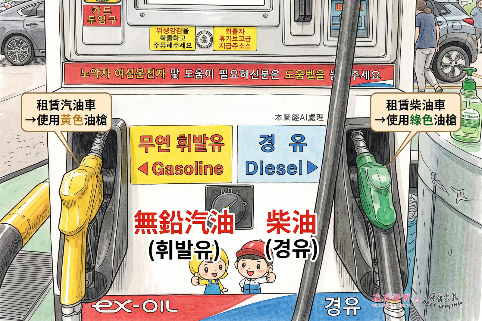 汽油用黃色油槍、柴油用綠色油槍。